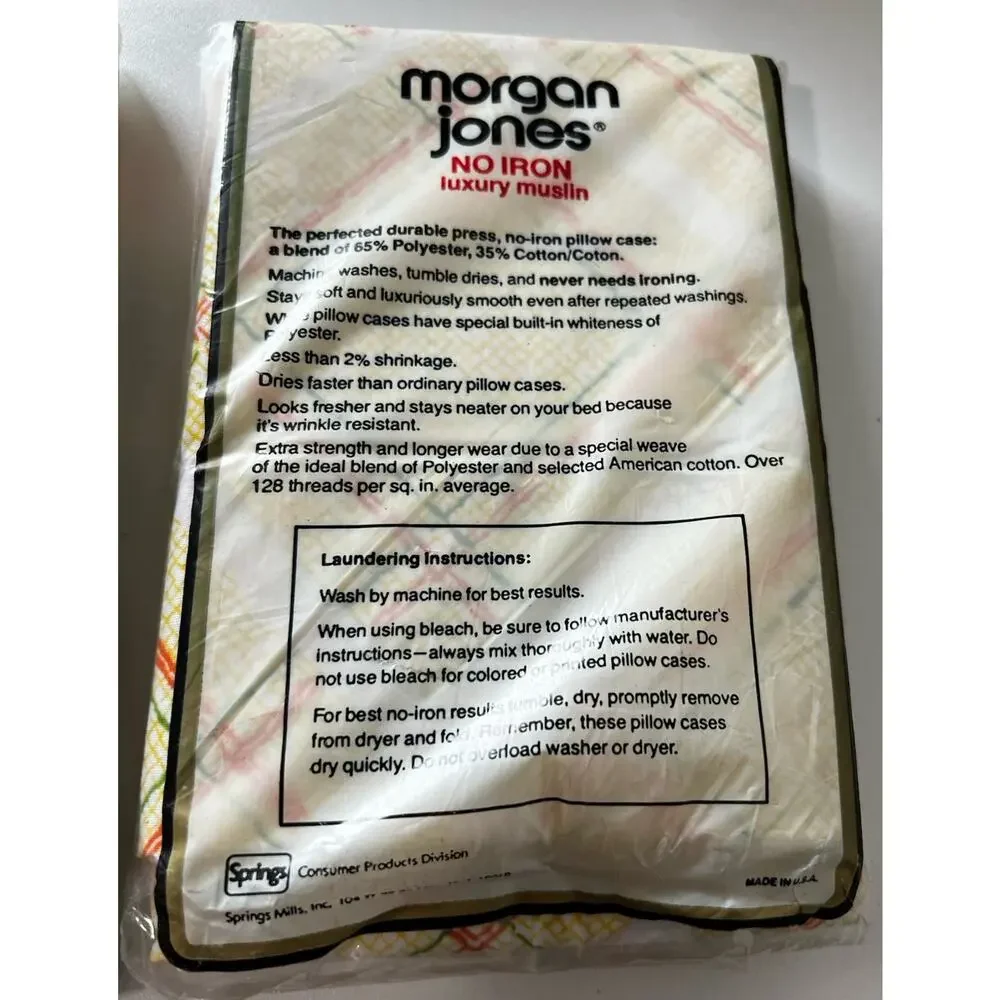 Vtg Morgan Jones Full Flat Sheet & Pillowcases Retro Tattersall Luxury Muslin